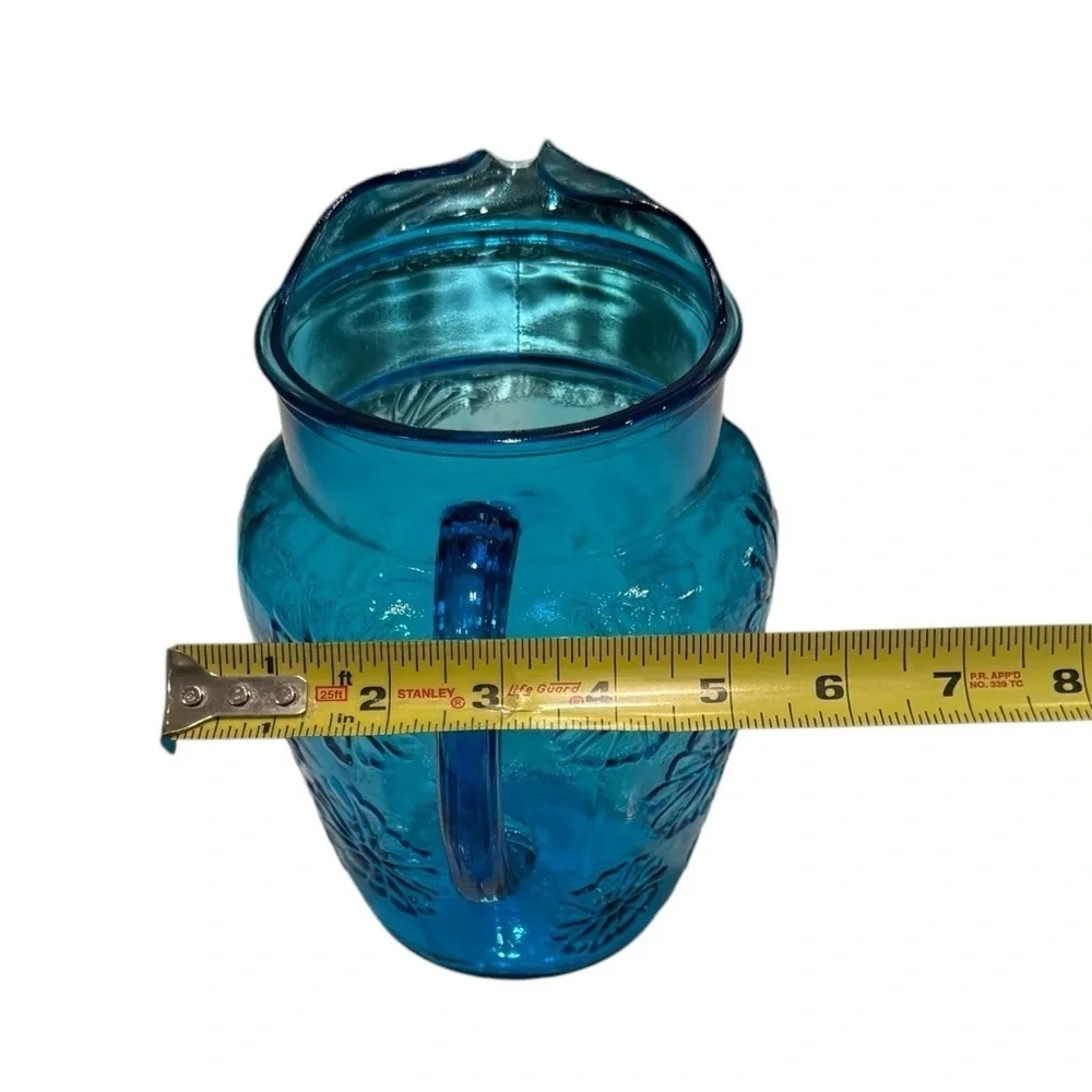 Cobalt Blue Glass Water Pitcher Vtg. 1960’s Embossed Floral Mid Century Modern